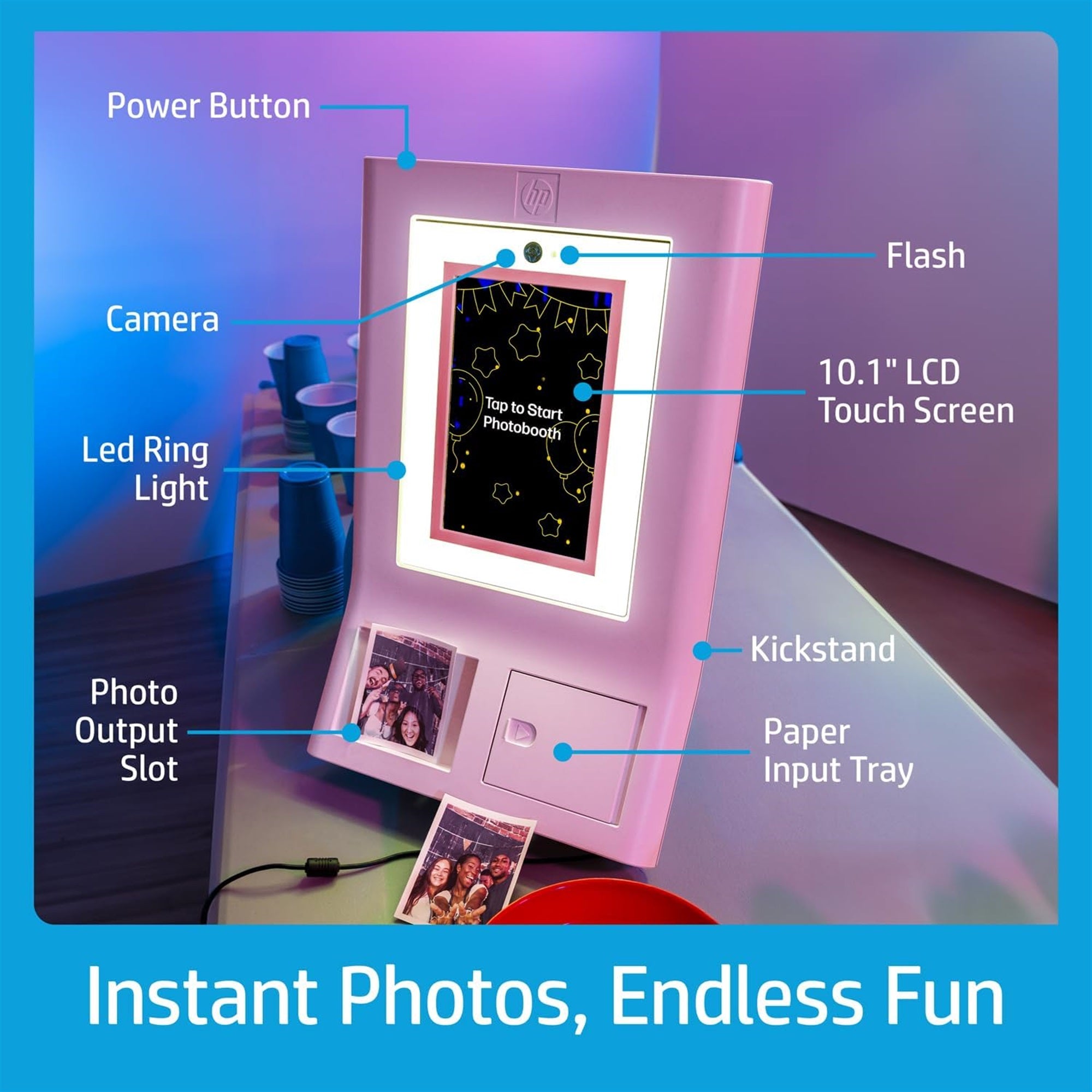 HP Sprocket Photobooth 3x4 fotoskriver (rosa) pakke med zinkpapir (100 ark) og bæreveske