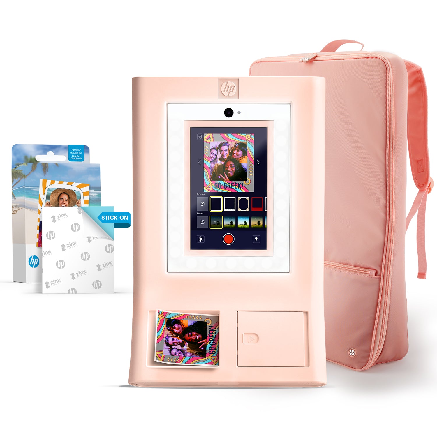 HP Sprocket Photobooth 3x4 fotoskriver (rosa) pakke med zinkpapir (100 ark) og bæreveske