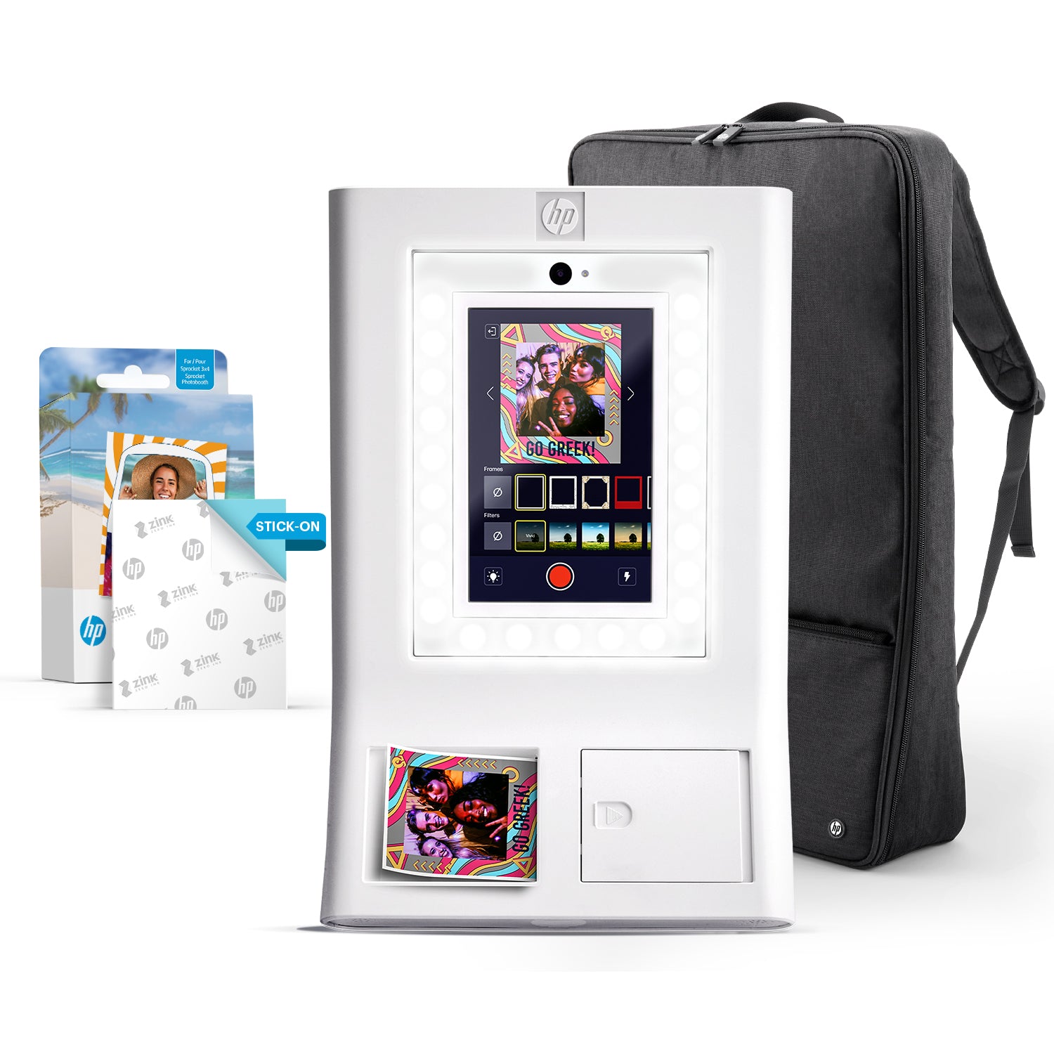 HP Sprocket Photobooth 3x4 fotoskriver (hvit) pakke med sinkpapir (100 ark) og bæreveske